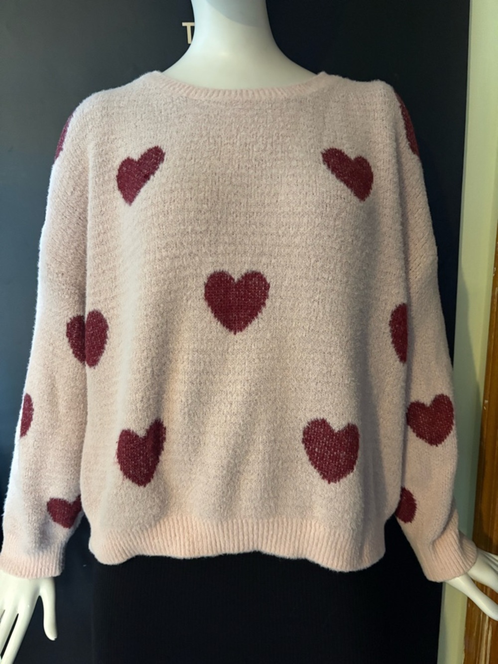 Miracle Pink Cozy Crewneck Sweater with Burgundy Heart Motif
